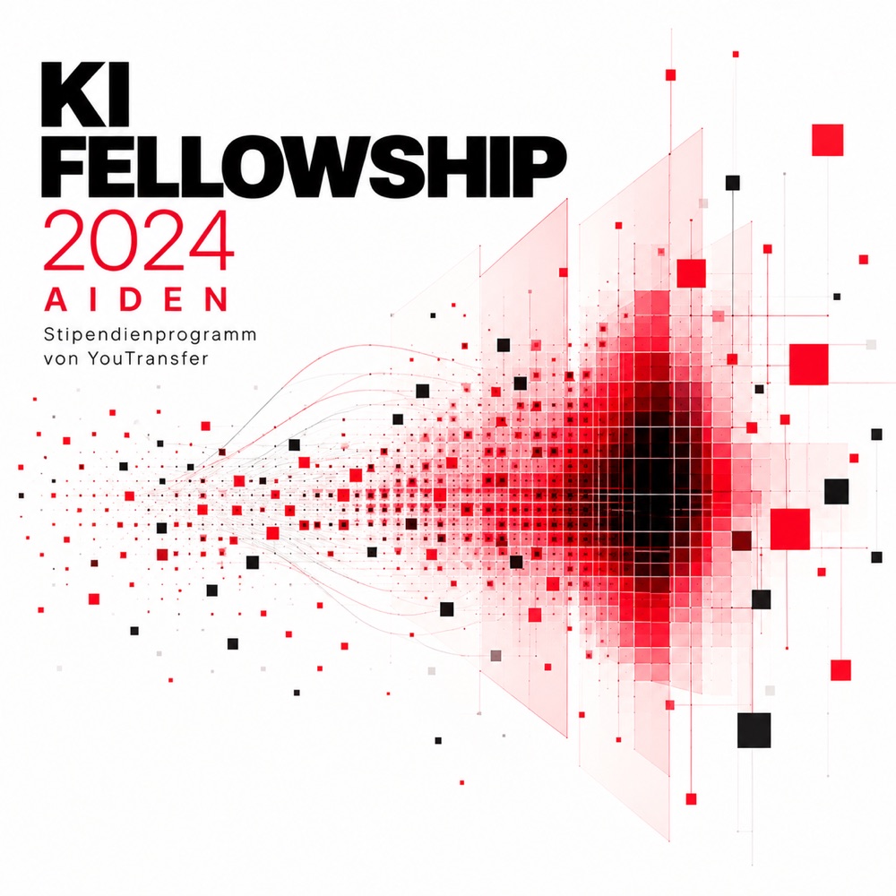 Plakat KI Fellowship 2024 AIDEN: rote und schwarze Quadrate verdichten sich von links nach rechts zu einem dunklen Kern hinter gläsernen Ebenen