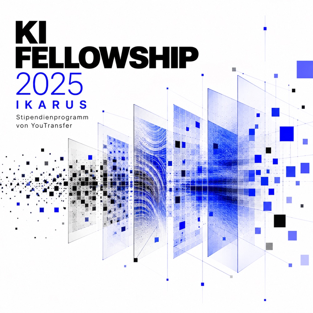 Plakat KI Fellowship 2025 IKARUS: schwarze Bildpunkte laufen durch eine Reihe hintereinander gestaffelter blauer Analyse-Ebenen