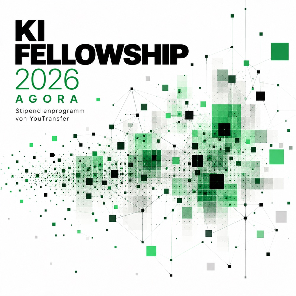 Plakat KI Fellowship 2026 AGORA: grüne und schwarze Quadrate, durch feine Linien zu einem Netz ohne Mitte verbunden