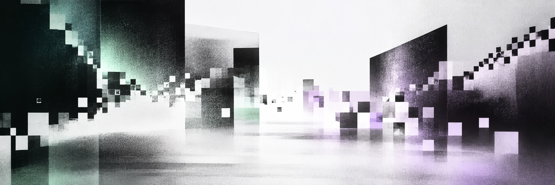 Dunkle, gläserne Wandscheiben in einer hellen Weite, dazwischen zerfallen Pixelquadrate in Grün und Violett